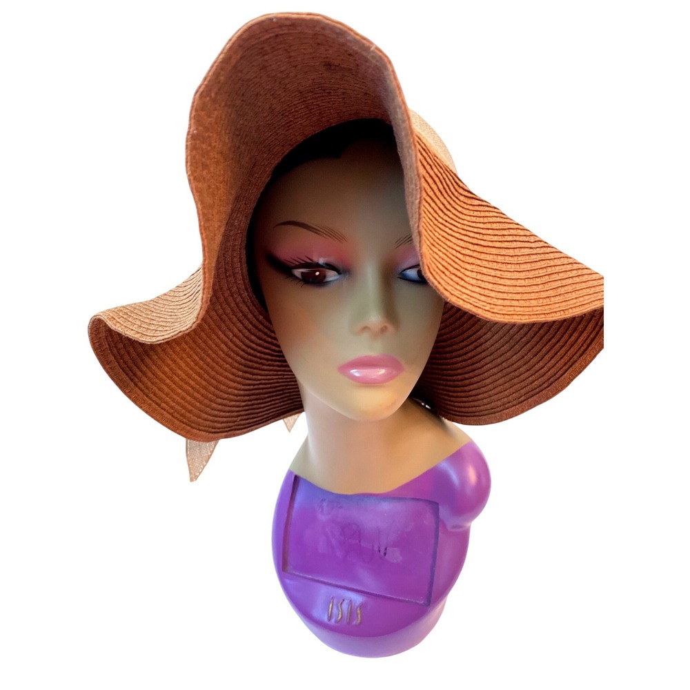 Ugurlu Women Two Tone Wide Brim Sun Hat Brown Cream Woven Straw Bow‎ coastal